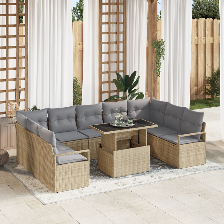 Havesofa Sæt med pude 10 pcs beige og lysegrå polyrattan