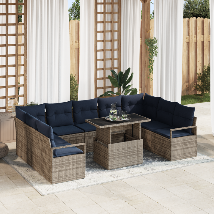 Havesofa Sæt med opbevaring 10 pcs Grå og Marineblå Poly rattan