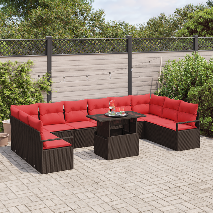 Havesofa Sæt med pude 11 pcs Brun og Rød polyrattan