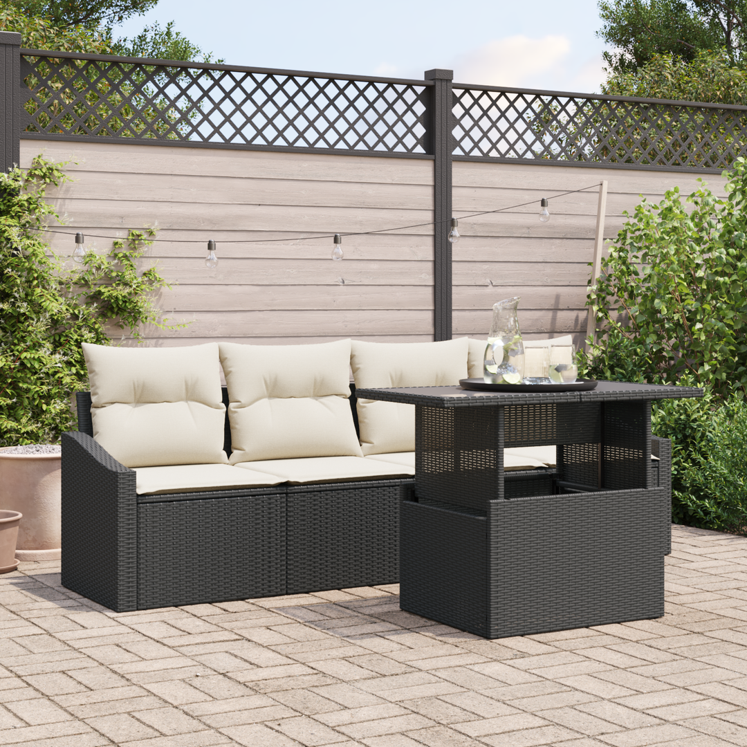 Havesofa Sæt med pude 5 pcs Sort og cremefarvet polyrattan