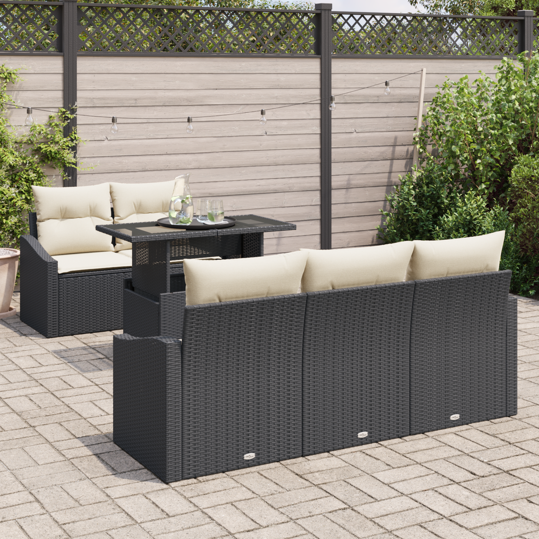 Havesofa Sæt med pude 6 pcs Sort og cremefarvet polyrattan