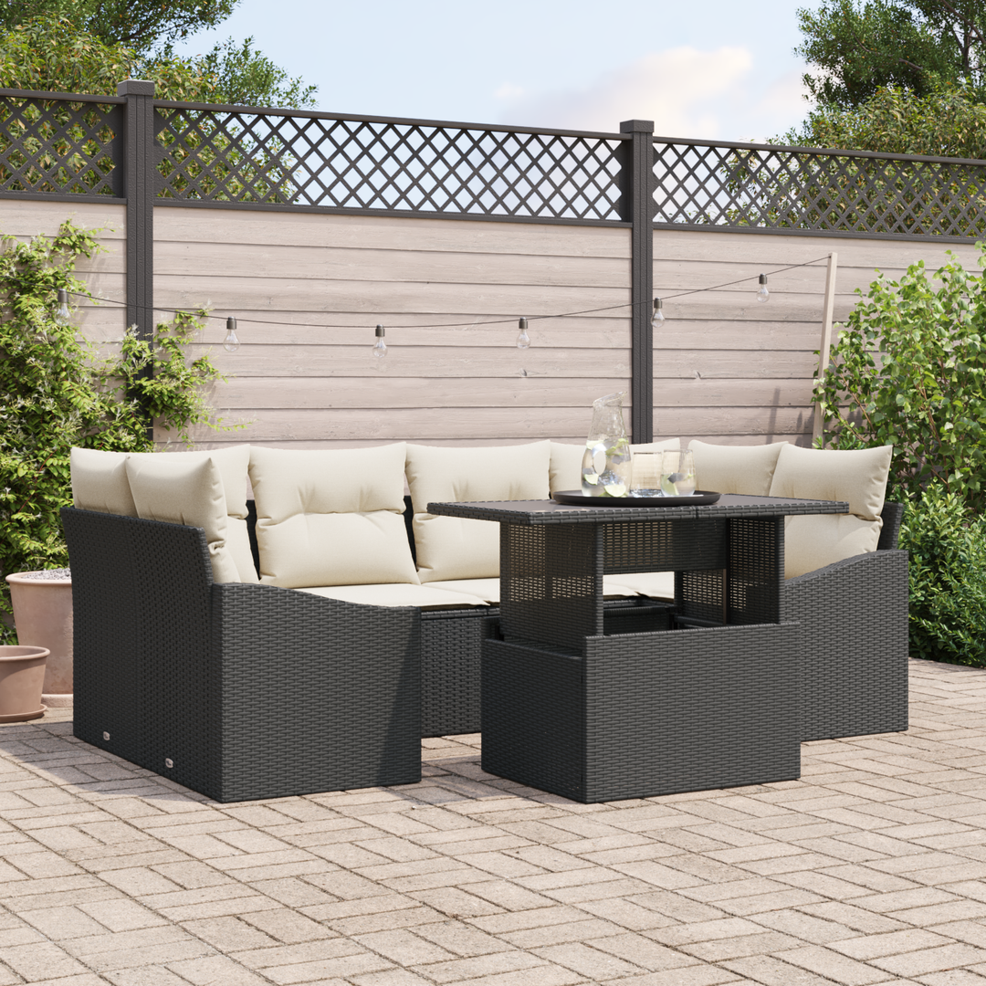 Havesofa Sæt med pude 7 pcs Sort og cremefarvet polyrattan