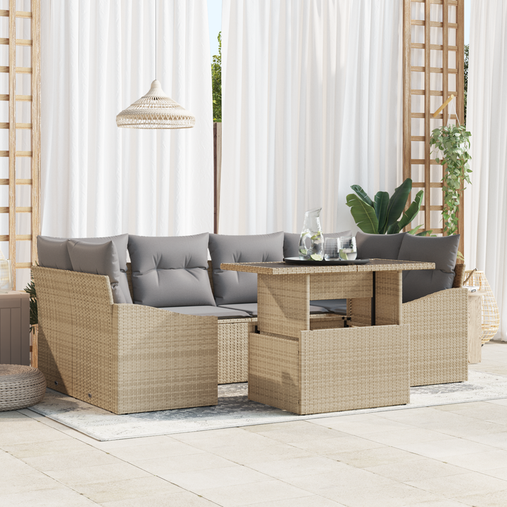 Havesofa Sæt med pude 7 pcs beige og lysegrå polyrattan