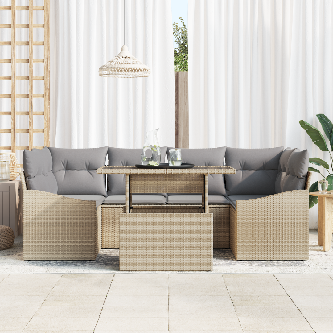 Havesofa Sæt med pude 7 pcs beige og lysegrå polyrattan