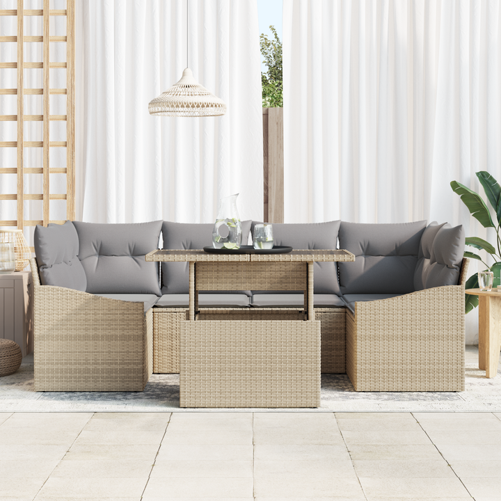 Havesofa Sæt med pude 7 pcs beige og lysegrå polyrattan