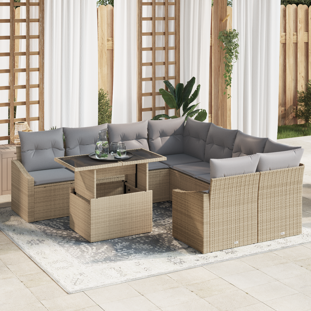 Havesofa Sæt med pude 9 pcs Beige og lys grå polyrattan