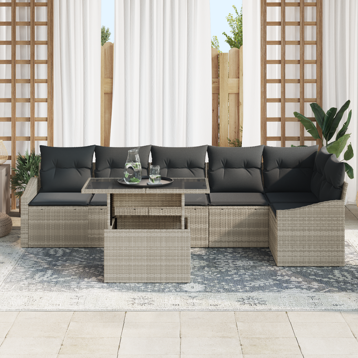 Havesofa Sæt med pude med opbevaring 7 pcs Lysegrå polyrattan