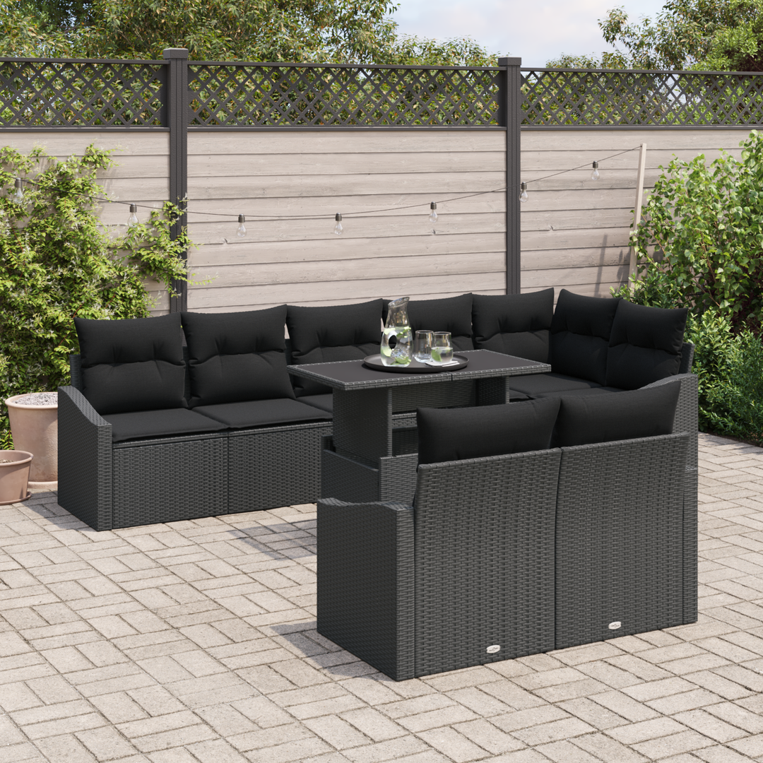 Havesofa Sæt med pude med opbevaring 9 pcs Sort polyrattan