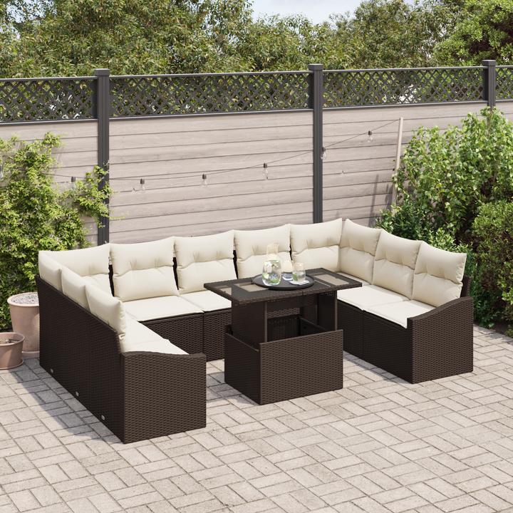 Sofa Sæt med pude 10 pcs Brun og Creme polyrattan