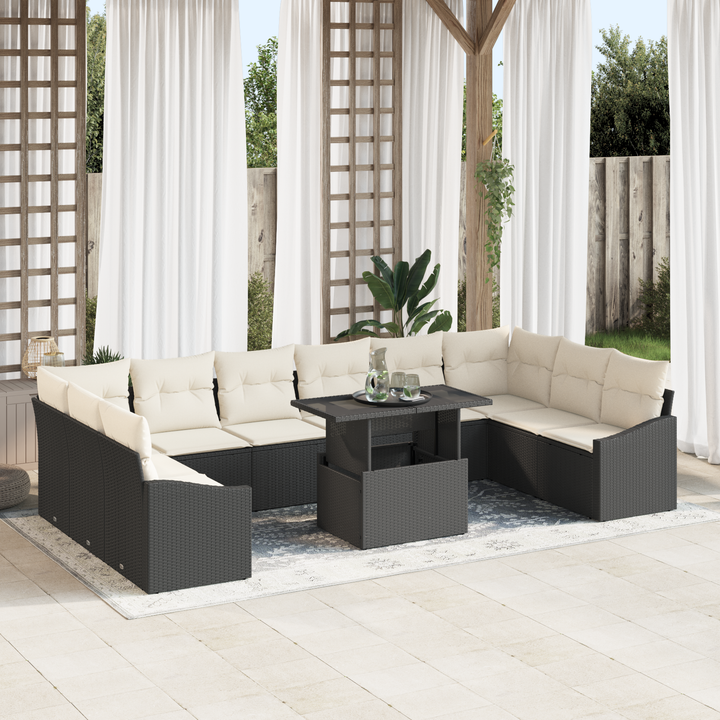 Sofa Sæt med pude 11 pcs Sort og Cream polyrattan