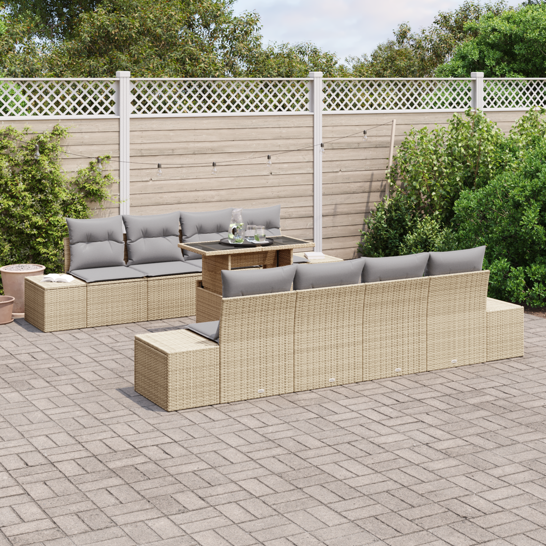 Havesofa Sæt med pude 9 pcs Beige og lys grå polyrattan