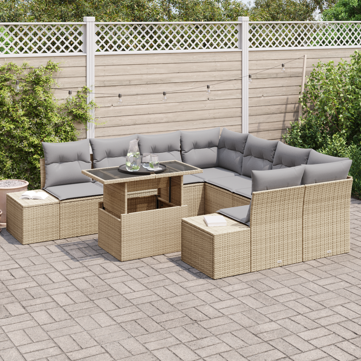 Havesofa Sæt med pude 9 pcs Beige og lys grå polyrattan