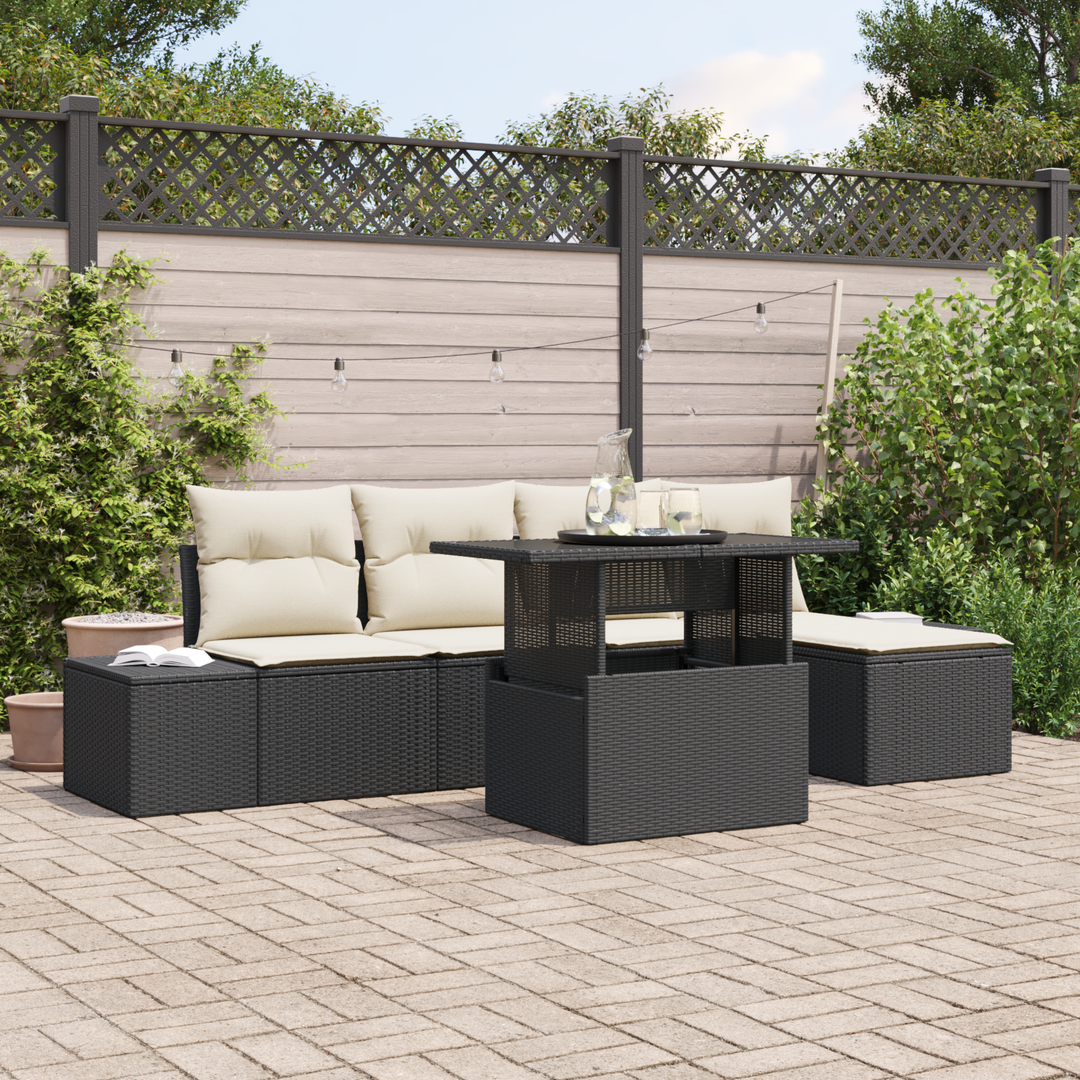 Havesofa Sæt med pude 6 pcs Sort og Cream polyrattan