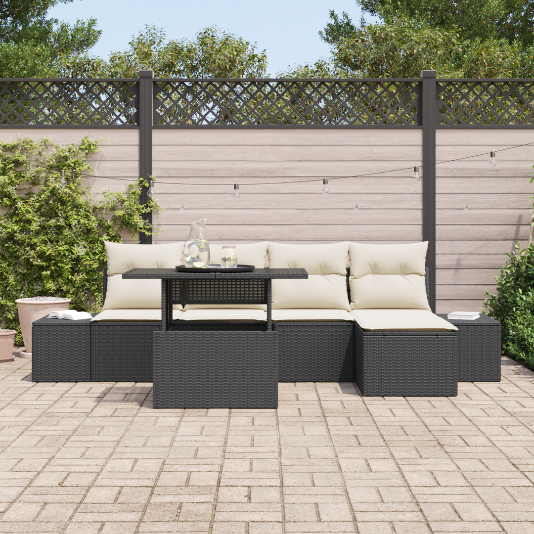Havesofa Sæt med pude 6 pcs Sort og Cream polyrattan