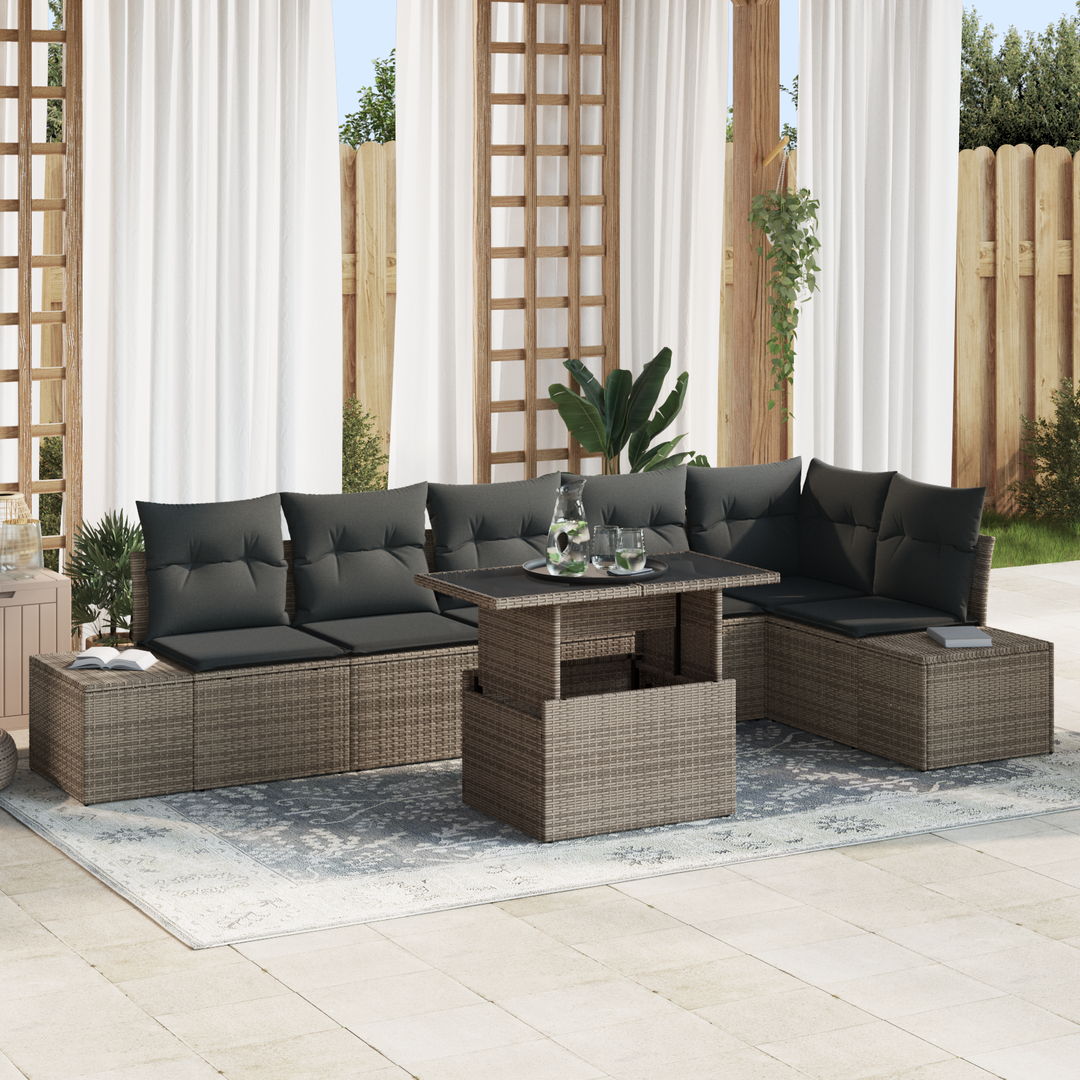 Havesofa Sæt 7 pcs Grå Polyrattan og pulverlakeret stål og glas