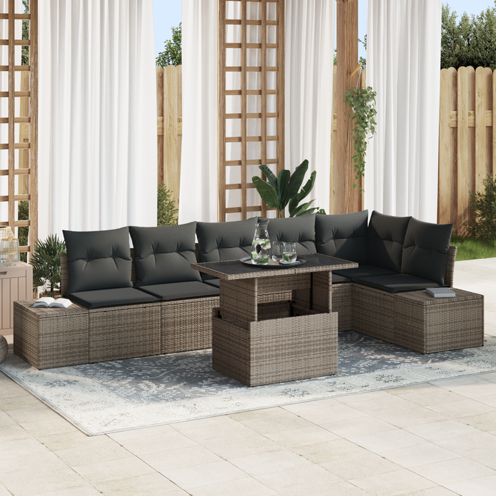 Havesofa Sæt 7 pcs Grå Polyrattan og pulverlakeret stål og glas