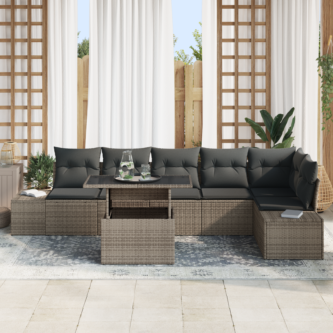 Havesofa Sæt 7 pcs Grå Polyrattan og pulverlakeret stål og glas