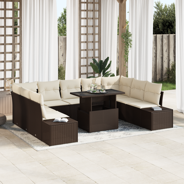 Havesofa Sæt med pude 10 pcs Brun og Creme polyrattan