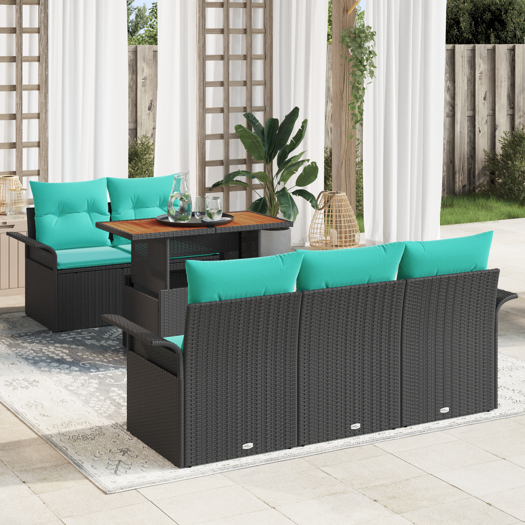 Havesofa Sæt 6 pcs Sort og blå Polyrattan og pulverlakeret stål