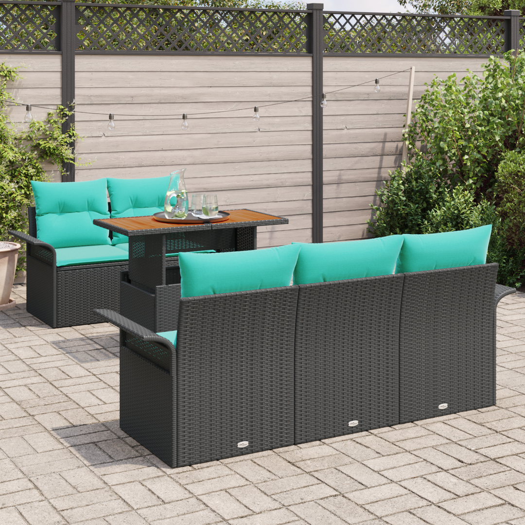 Havesofa Sæt 6 pcs Sort og blå Polyrattan og pulverlakeret stål