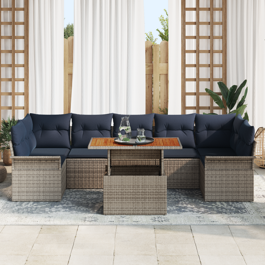 Havesofa Sæt med pude 8 pcs Grå og Marineblå polyrattan