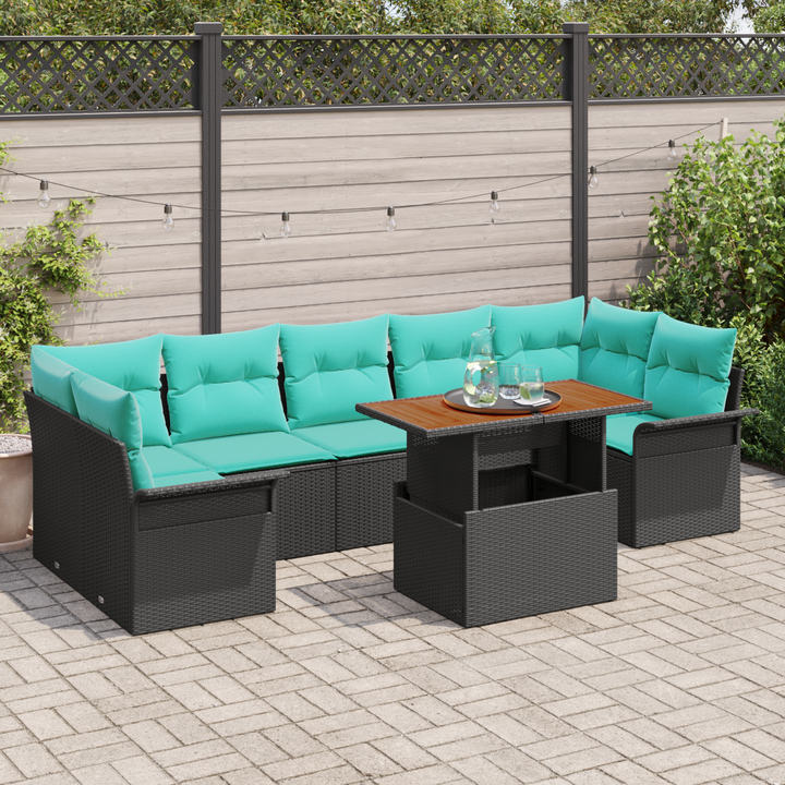 Havesofa Sæt med pude 8 pcs Sort og Blå polyrattan