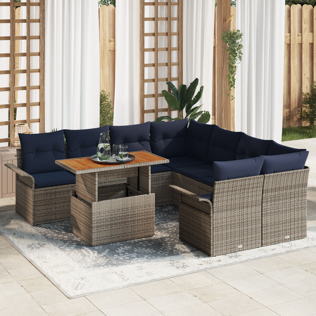 Havesofa Sæt med pude 9 pcs Grå og Marineblå polyrattan