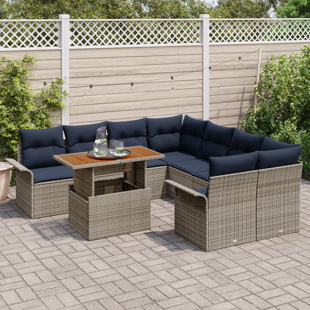 Havesofa Sæt med pude 9 pcs Grå og Marineblå polyrattan