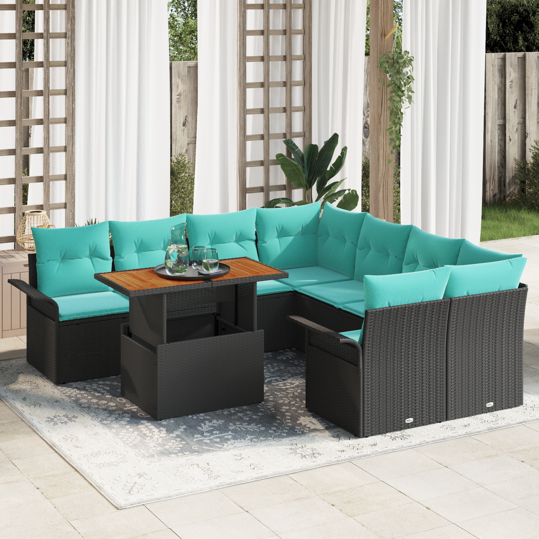 Havesofa Sæt med pude 9 pcs Sort og Blå polyrattan