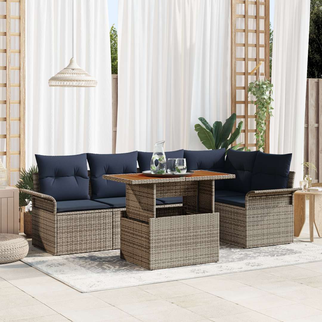 Havesofa Sæt med pude 6 pcs Grå og Marineblå polyrattan