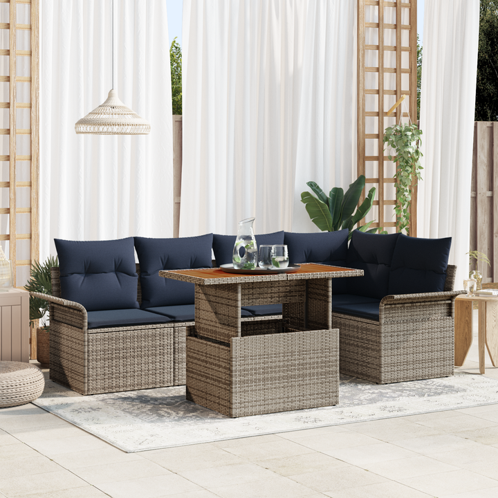 Havesofa Sæt med pude 6 pcs Grå og Marineblå polyrattan