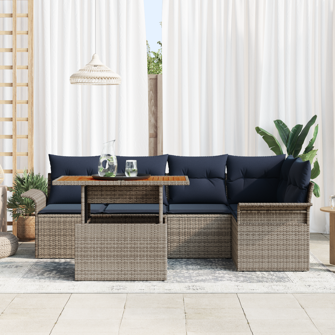 Havesofa Sæt med pude 6 pcs Grå og Marineblå polyrattan