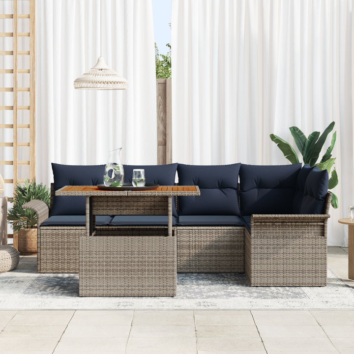 Havesofa Sæt med pude 6 pcs Grå og Marineblå polyrattan