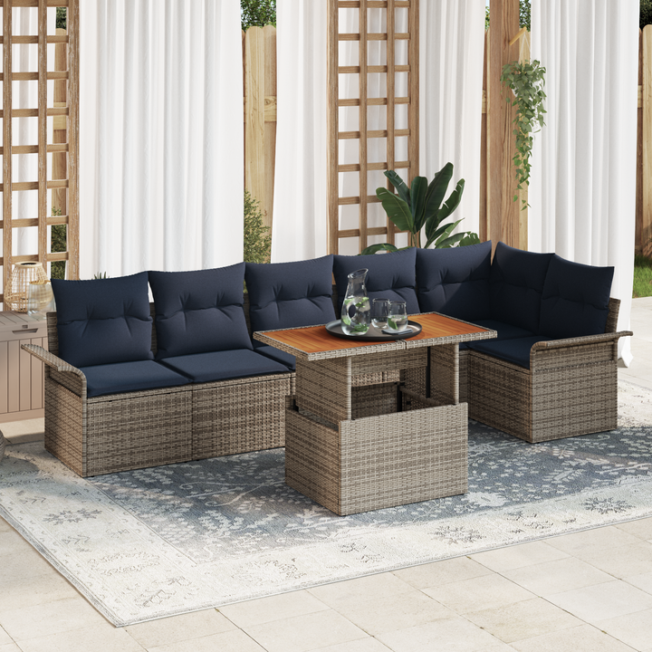 Havesofa Sæt med pude 7 pcs Grå og Marineblå polyrattan