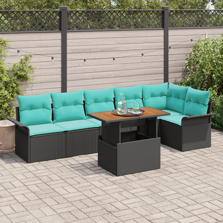 Havesofa Sæt med pude 7 pcs Sort og Blå polyrattan