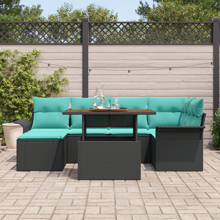 Havesofa Sæt 7 pcs Sort og blå Polyrattan og pulverlakeret stål