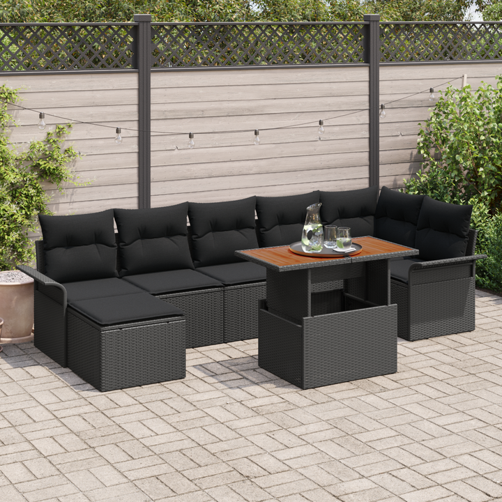 Havesofa Sæt med pude 8 pcs Sort polyrattan