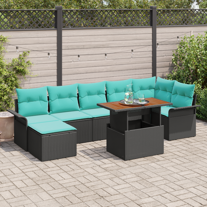 Havesofa Sæt med pude 8 pcs Sort og Blå polyrattan