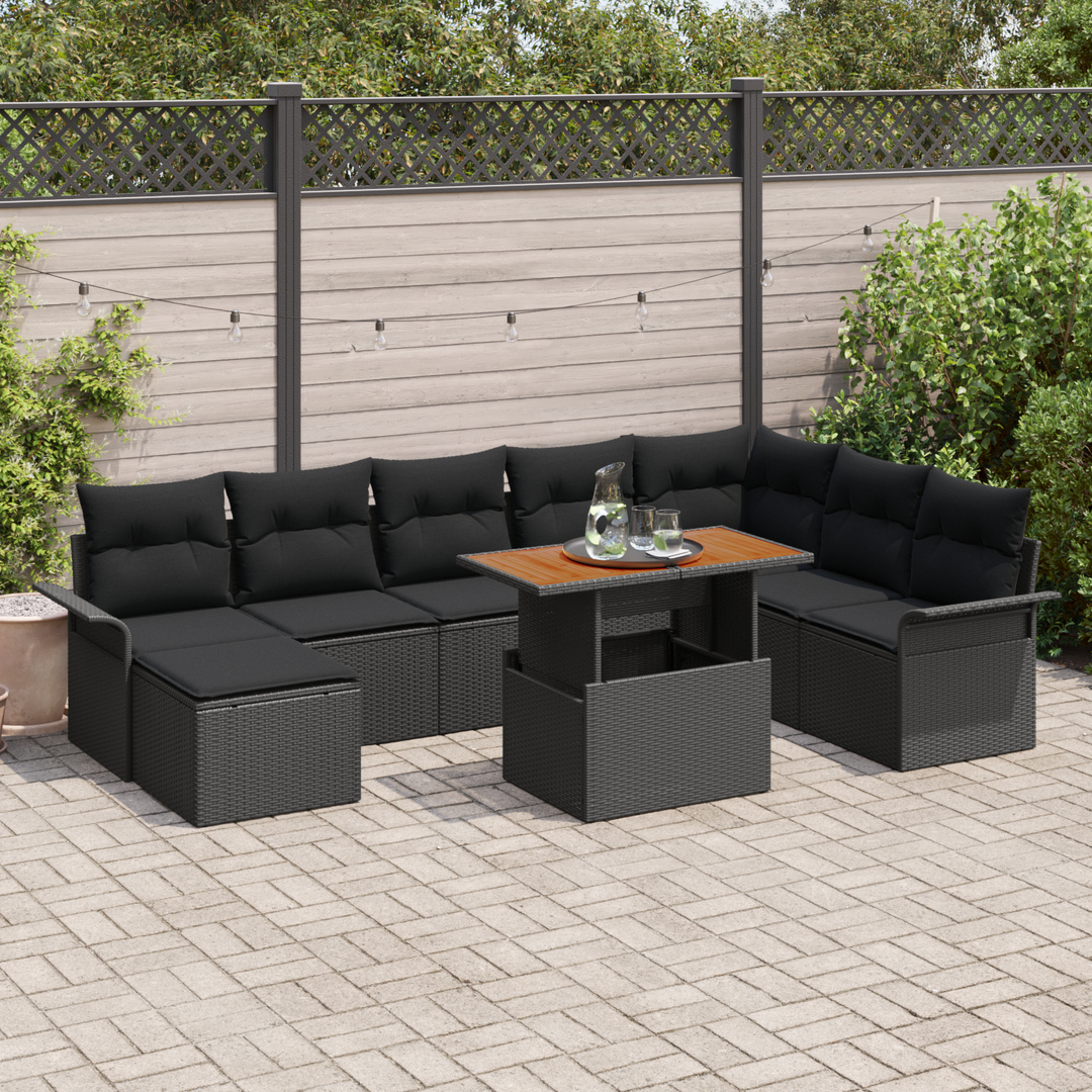 Havesofa Sæt 9 pcs Sort Polyrattan og pulverlakeret stål