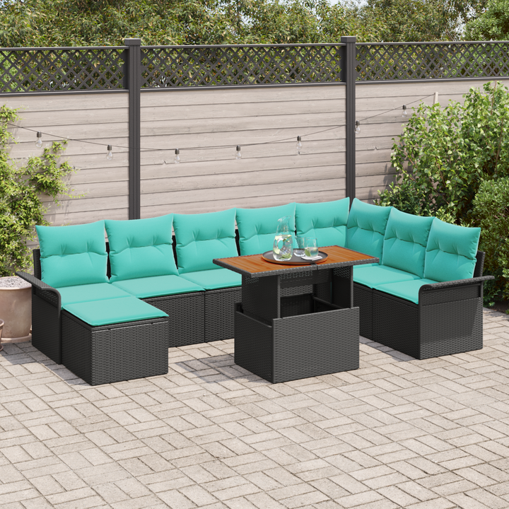 Havesofa Sæt 9 pcs Sort og blå Polyrattan og pulverlakeret stål