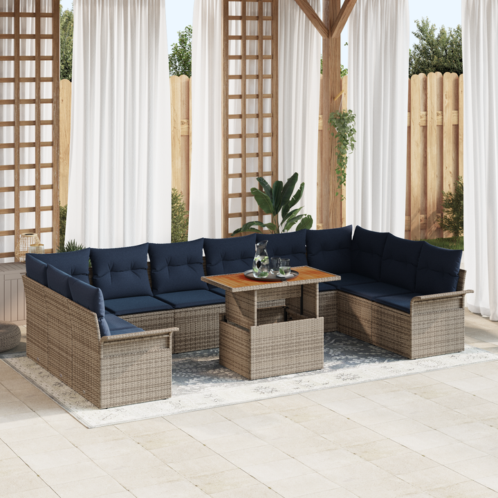 Havesofa Sæt med pude 11 pcs Grå og Marineblå polyrattan
