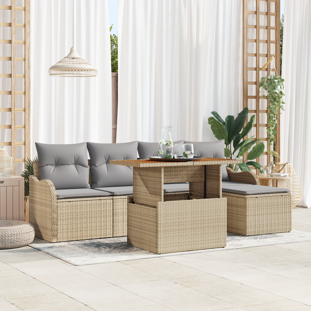 Havesofa Sæt med pude 6 pcs Beige og lys grå polyrattan