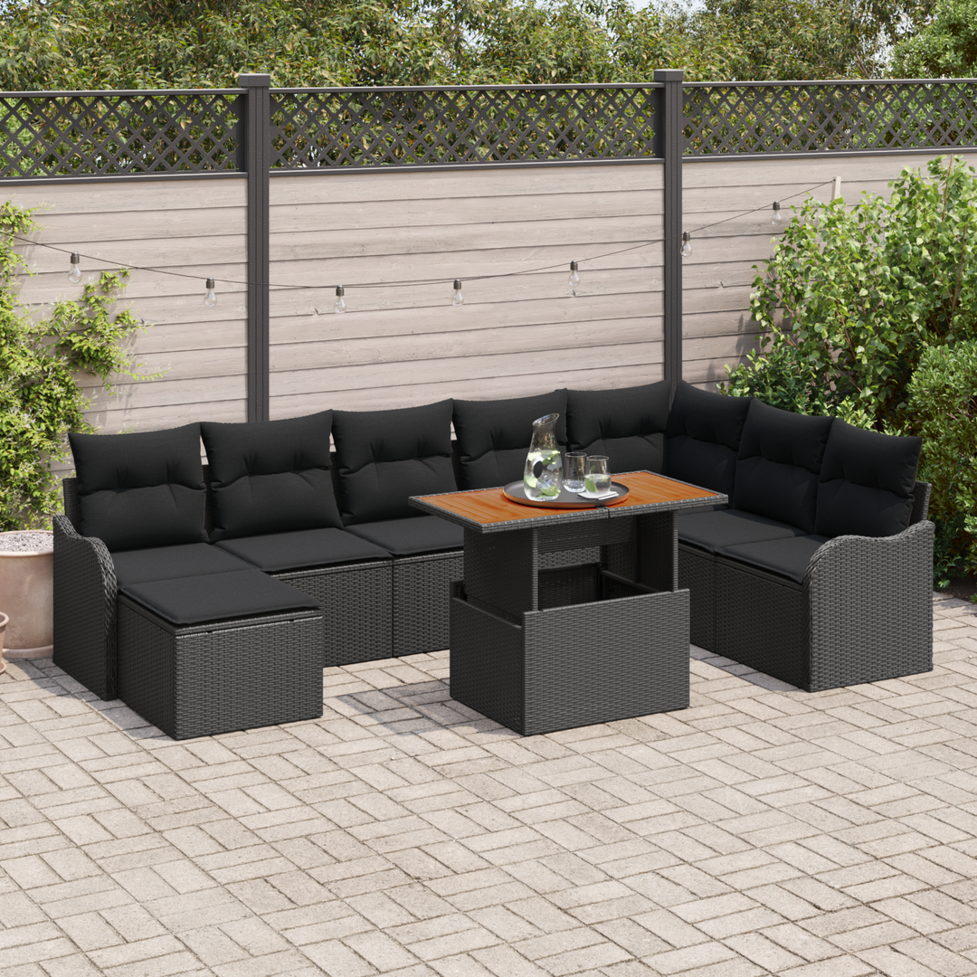 Havesofa Sæt 9 pcs Sort Polyrattan og pulverlakeret stål