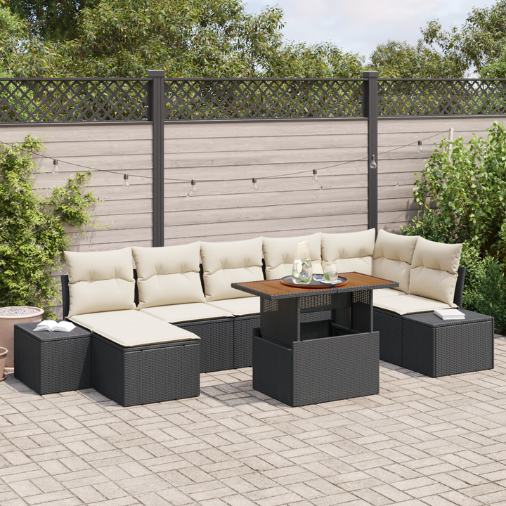 Havesofa Sæt 8 pcs Sort og Cream Poly rattan og solid akacietræ