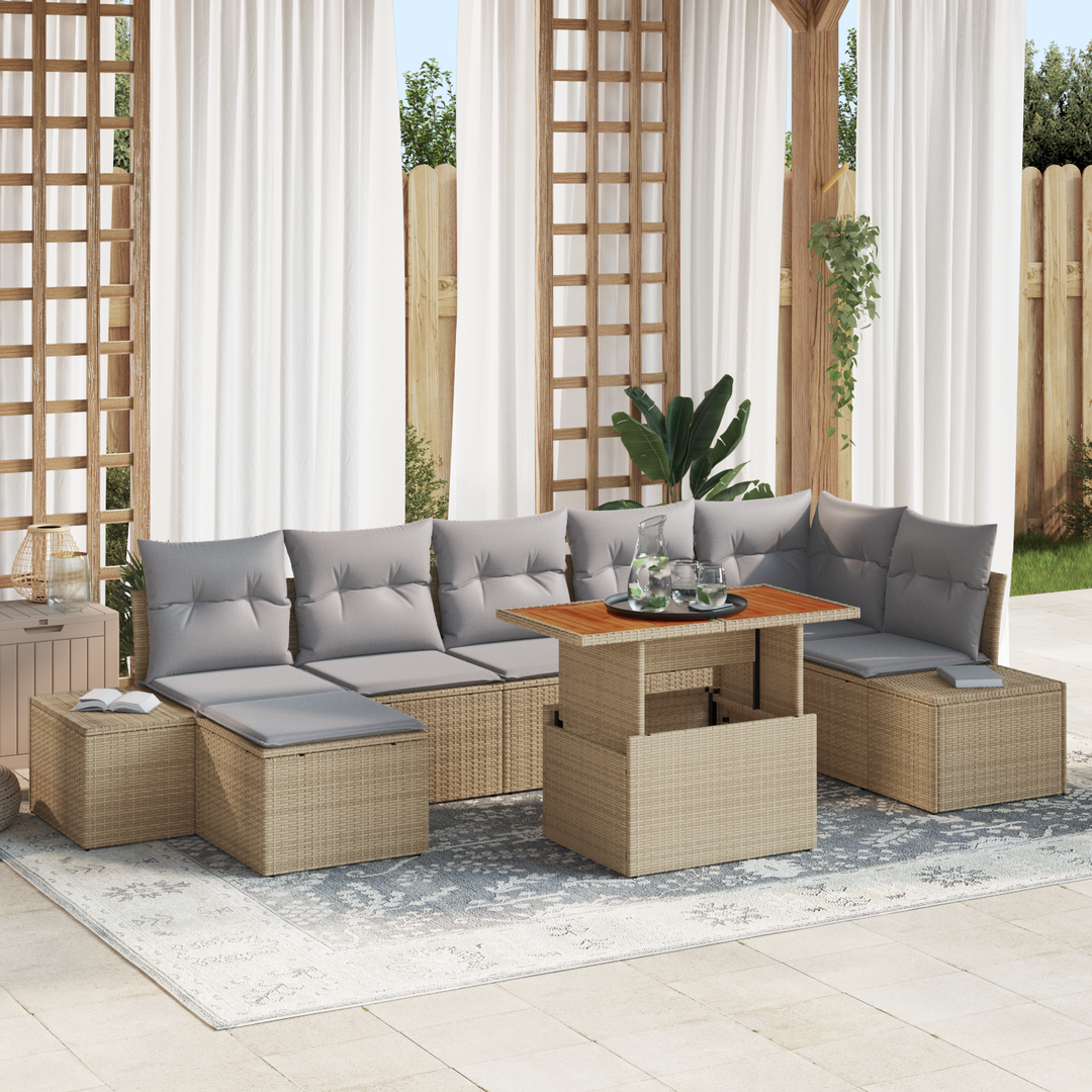 Havesofa Sæt 8 pcs Beige og grå Poly rattan og solid akacietræ