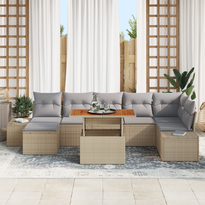 Havesofa Sæt 8 pcs Beige og grå Poly rattan og solid akacietræ