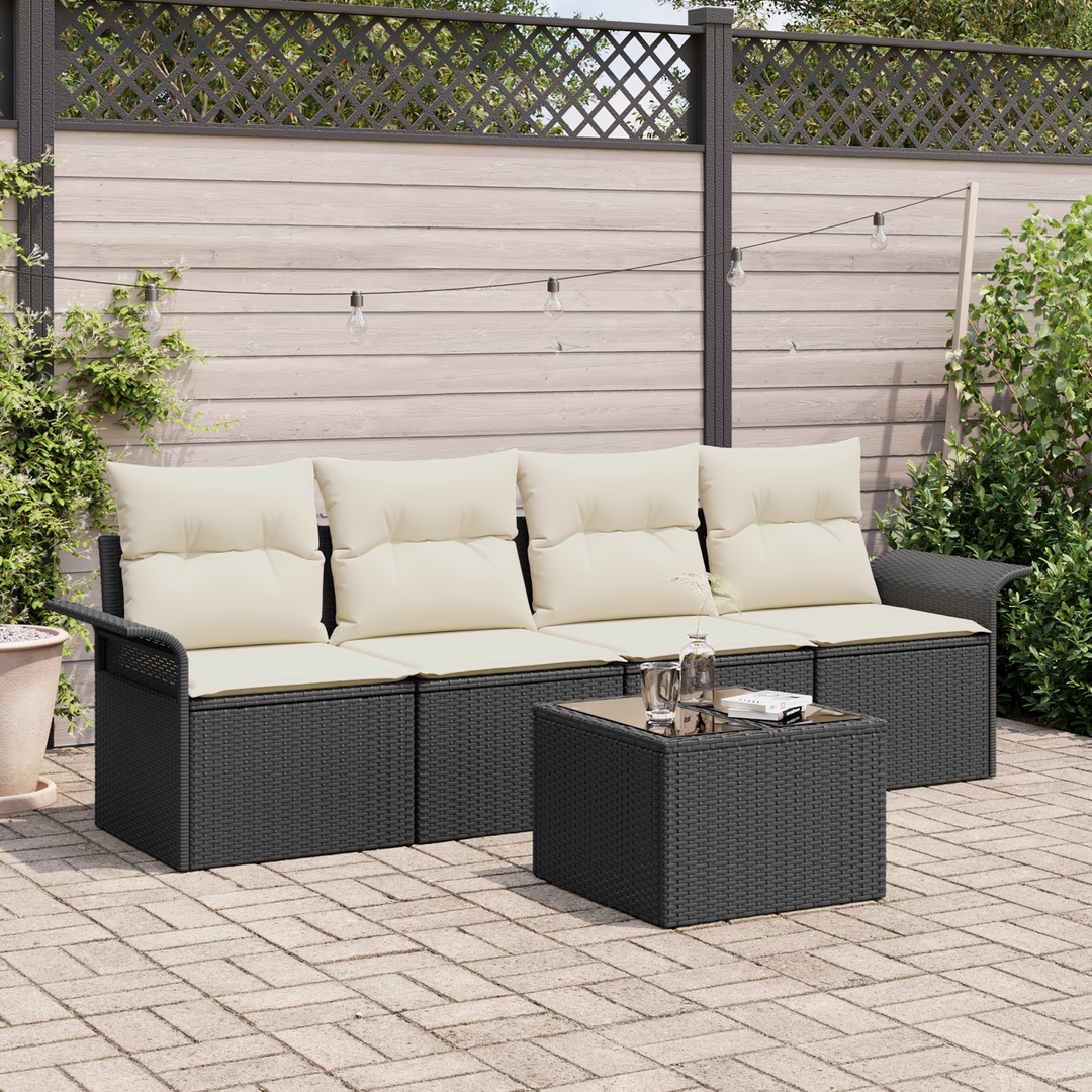 Havesofa Sæt med pude 5 pcs Sort og Cream polyrattan