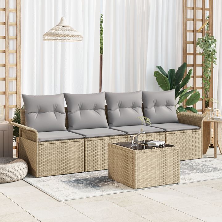 Havesofa Sæt med pude 5 pcs Beige og grå polyrattan