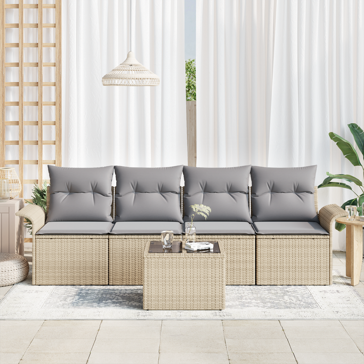 Havesofa Sæt med pude 5 pcs Beige og grå polyrattan