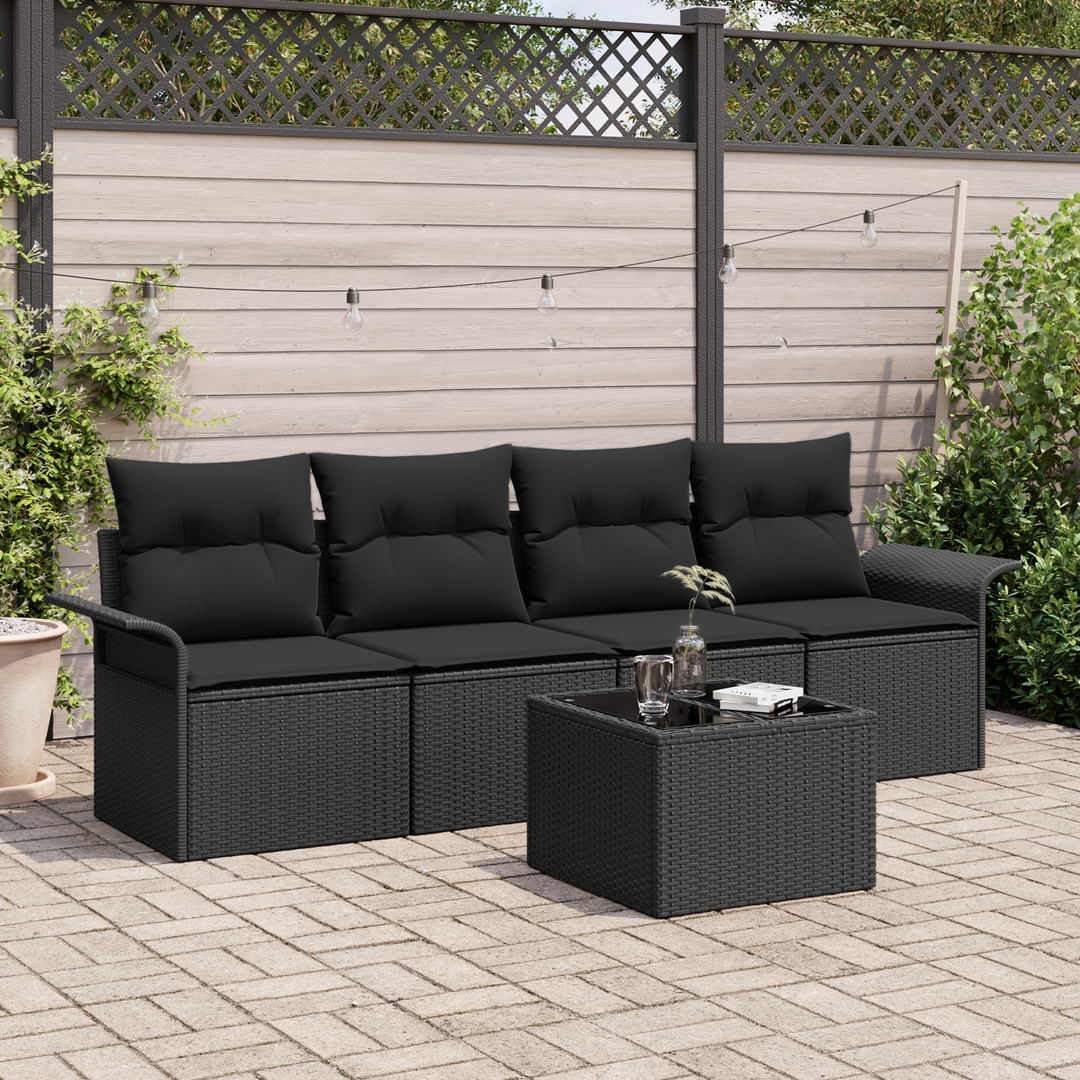 Havesofa Sæt med pude med opbevaring 5 pcs Sort polyrattan